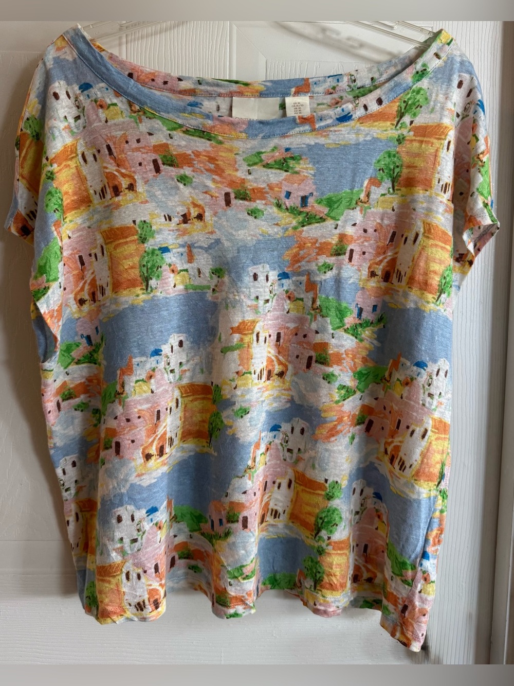 Cynthia Rowley Mediterranean Scenic Villa Linen Slub Knit Tee Size XL